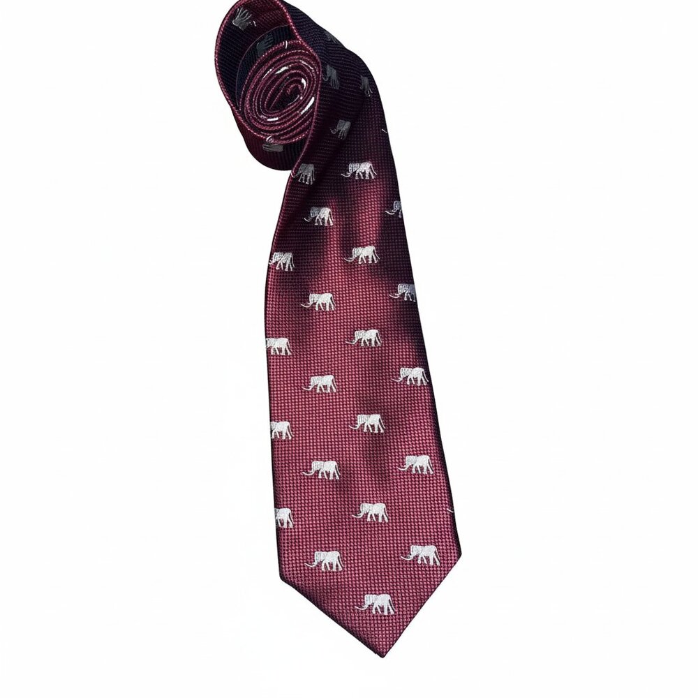 Kai Long 4” 100% Silk Tie - Burgundy with White Elephants